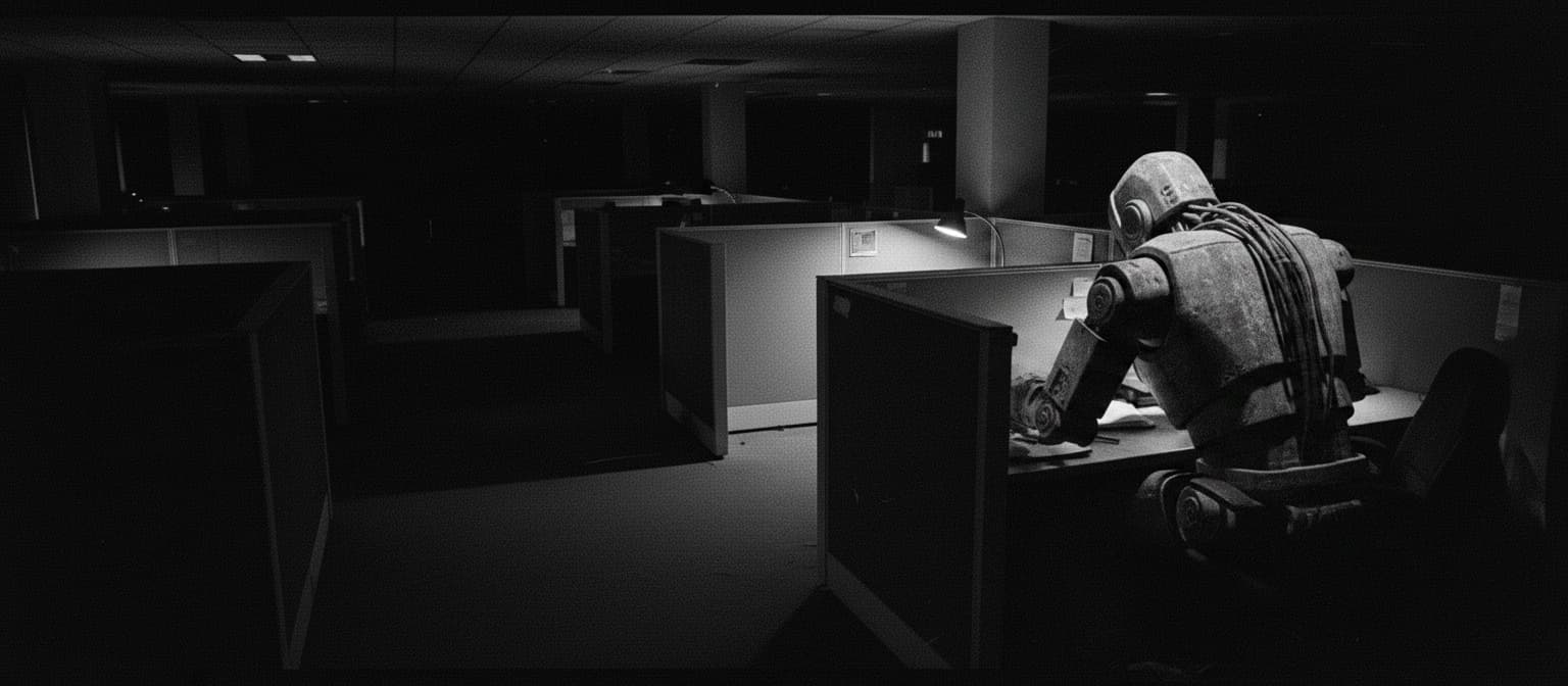 A dark open-plan office at night; in the one lamp-lit cubicle, a worn industrial robot works hunched over the papers.