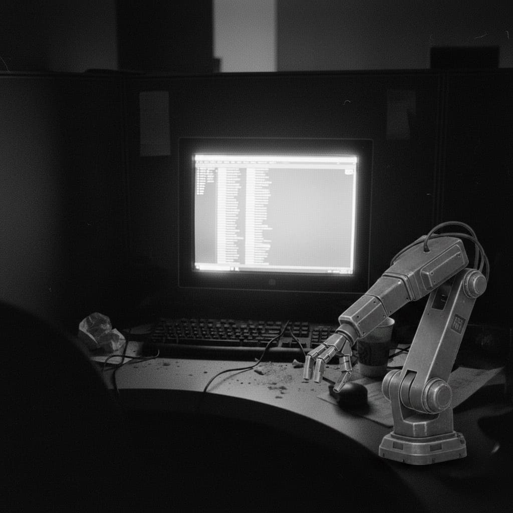A dim office monitor showing a long queue of support tickets in a dark office; a small robot arm rests its gripper at the mouse.