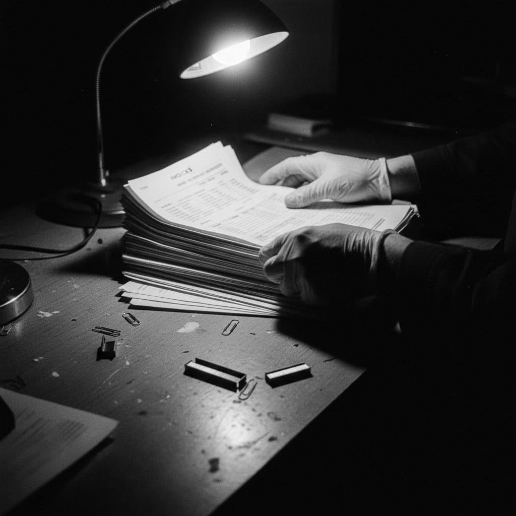 Gloved hands sorting a thick stack of printed invoices under a hard desk lamp, paper clips scattered on the desk.