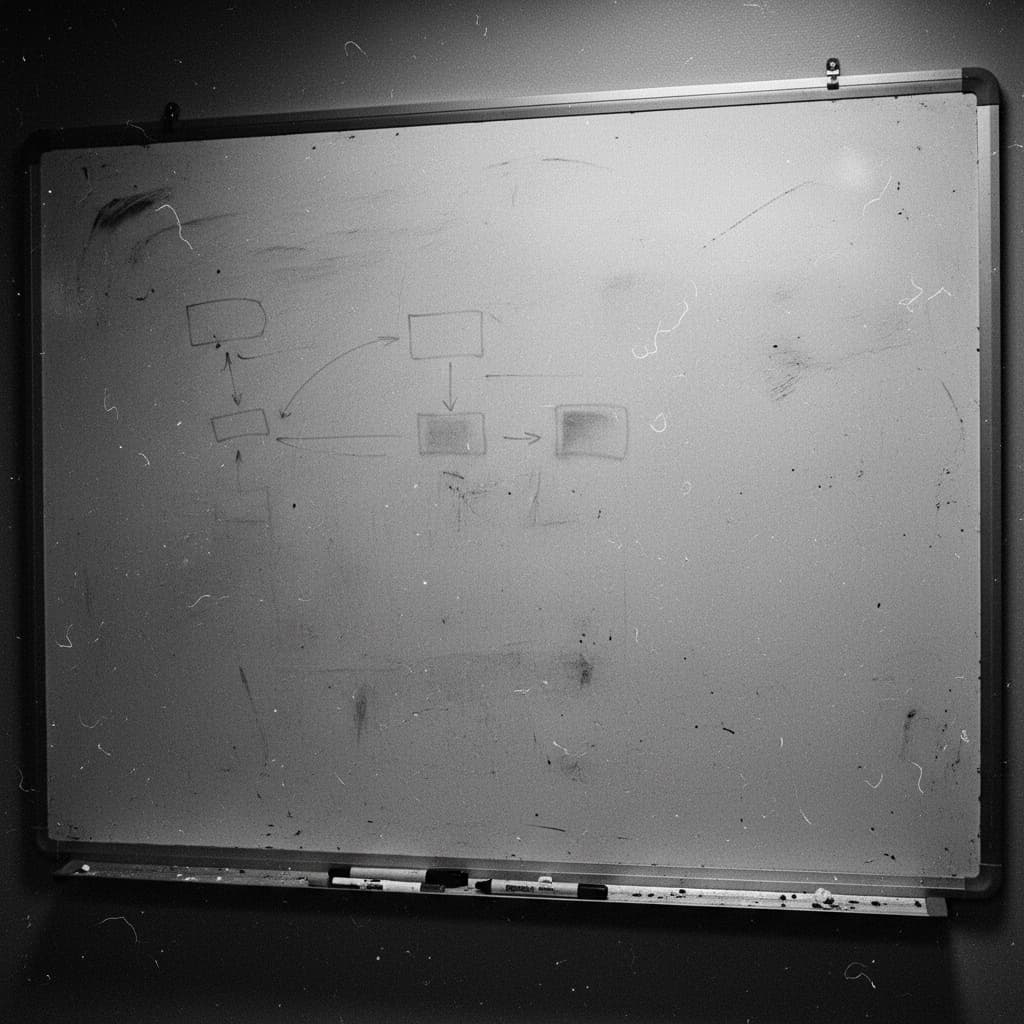 A half-erased office whiteboard with ghost traces of a process flowchart.